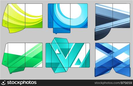 Business papers folder template. Paper presentation files pocket folders, color company templates layout. Geometric office page, document file brochure. Isolated vector icons set. Business papers folder template. Paper presentation files pocket folders, color company templates layout vector set
