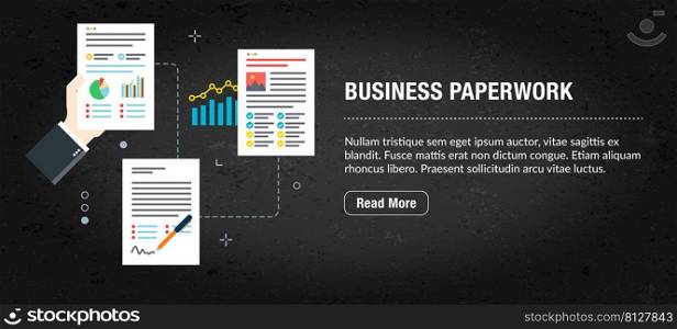 Business paperwork concept. Internet banner with icons in vector. Web banner for business, finance, strategy, investment, technology and planning.