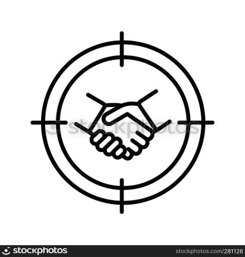 Business partner searching linear icon. Investors finding. Aim on handshake thin line illustration. Business agreement contour symbol. Vector isolated outline drawing. Business partner searching linear icon