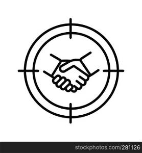 Business partner searching linear icon. Investors finding. Aim on handshake thin line illustration. Business agreement contour symbol. Vector isolated outline drawing. Business partner searching linear icon