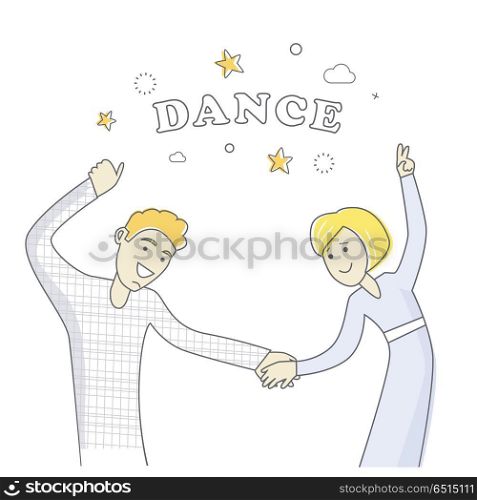 Business Partners at the Party Dancing. Vector. Man and women dancing. People good friends. Close friendship concept. Banner with happy successful people. Funny students together. Business partners at the party having fun. Vector illustration