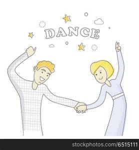 Business Partners at the Party Dancing. Vector. Man and women dancing. People good friends. Close friendship concept. Banner with happy successful people. Funny students together. Business partners at the party having fun. Vector illustration