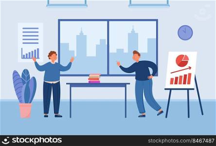 Business partners fighting over presentation in meeting room. Argument between angry office people flat vector illustration. Conflict, disagreement, communication concept for banner, website design