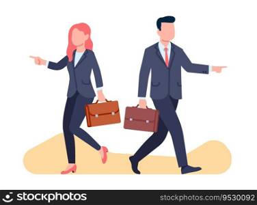 Business partners go separate ways. Successful man and woman in suits walking with briefcases. Opposite path directions. Different choices. Female and male decisions. Office workers. Vector concept. Business partners go separate ways. Successful man and woman in suits walking with briefcases. Opposite path directions. Different choices. Female and male decisions. Vector concept