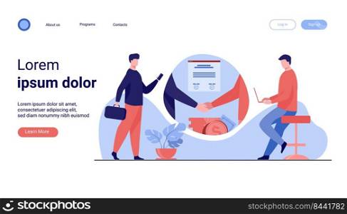 Business partners handshake. Business people shaking hands with each other over stack of money, closing deal. Vector illustration for startup, partnership, trust, investment, finance concept