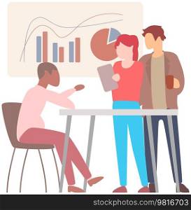 Business partners have meeting in office. Discussion and brainstorming process. People discuss statistics, business data presentation at workplace. Colleagues analyze data, plan development strategy. Business partners have meeting in office. Colleagues analyze statistics, plan development strategy