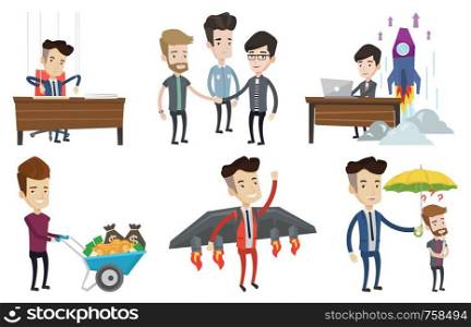 Business partners joining hands. Business partners putting hands together. Business partners stacking hands. Partnership concept. Set of vector flat design illustrations isolated on white background.. Vector set of business characters.