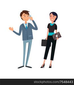 Business partners man and woman in flat design cartoon style. Coworkers, male speaking on phone, female in formal wear with tablet in hands smiling. Business Partners Man Woman in Flat Design Cartoon