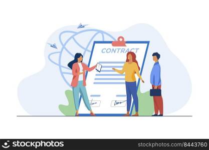 Business partners meeting. Businesspeople meeting for signing contract flat vector illustration. Employment, deal, partnership concept for banner, website design or landing web page