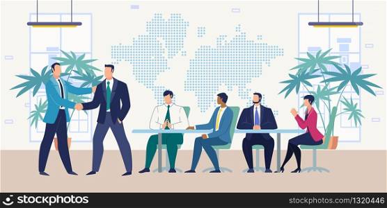 Business Partners Meeting on Company Office, Successful Partnership, Contract Terms Discussing, Good Deal Flat Vector Concept. Businessman Handshaking, Welcoming Partner on Negotiations Illustration