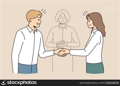 Business partners shake hands find solution with help of mediator. Happy employees or colleagues come to agreement resolve problem with impartial arbitration. Vector illustration. . Business partners come to solution with mediator help