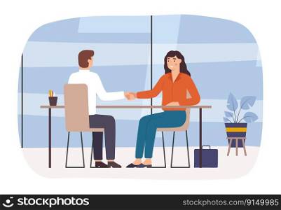 Business partners shaking hands, conservation and deal. Vector office handshake, business success partnership illustration. Business partners shaking hands, conservation and deal
