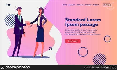 Business partners shaking hands. Man and woman handshake, meeting flat vector illustration. Teamwork, success, contract concept for banner, website design or landing web page