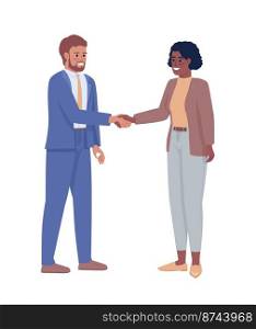 Business partners shaking hands semi flat color vector characters. Editable figures. Full body people on white. Cooperation simple cartoon style illustration for web graphic design and animation. Business partners shaking hands semi flat color vector characters