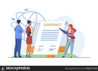 Business partners signing contract online. Leaders affixing signatures to document on monitor flat vector illustration. Internet, agreement concept for banner, website design or landing web page