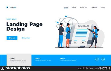 Business partners signing contract online. Leaders affixing signatures to document on monitor flat vector illustration. Internet, agreement concept for banner, website design or landing web page