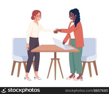Business partners singing agreement at meeting semi flat color vector characters. Editable figures. Full body people on white. Simple cartoon style illustration for web graphic design and animation. Business partners singing agreement at meeting semi flat color vector characters
