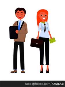 Business partners stylish man and woman in formal wear, contemporary managers with handbags and envelope vector illustration cartoon characters isolated. Business Partners Stylish Man Woman in Formal Wear