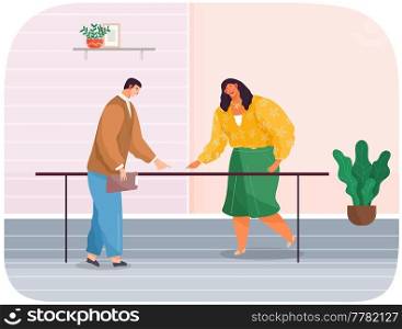 Business partners talking on meeting, businessman and businesswoman discussing company problems and solutions. Man and woman having talk and brainstorming on project, standing in office workspace. Business partners talking on meeting, businessmen discussing company problems and solutions