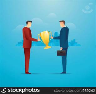 business partners. Two businessmen holding trophy together vector illustration EPS10