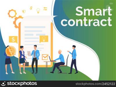Business partners working and concluding contract, sample text. Partnership, smart contract concept. Presentation slide template. Vector illustration for topics like business, technology, management. Business partners working and concluding contract, sample text