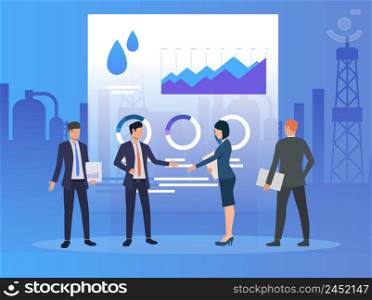 Business partners working and discussing issues, diagrams. Negotiations, management, oil industry concept. Vector illustration can be used for topics like business, marketing, analytics. Business partners working and discussing issues, diagrams