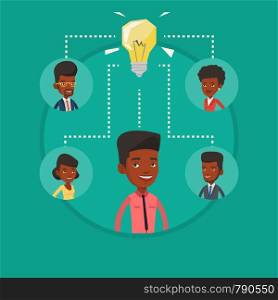 Business partners working at business idea. Businessmen discussing business idea. Group of business people connected by one idea. Vector flat design illustration in the circle isolated on background.. Business people discussing business ideas.