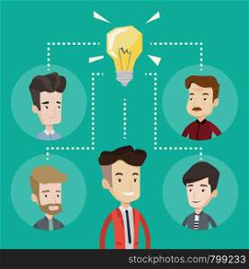 Business partners working at business innovations. Business people discussing business ideas. Group of business people connected by one idea light bulb. Vector flat design illustration. Square layout.. Business people discussing business ideas.