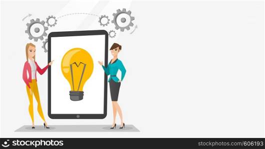 Business partners working on business idea. Caucasian business women discussing business ideas. Businesswomen pointing at idea bulb on tablet screen. Vector flat design illustration. Horizontal layout. Creative businesswomen discussing business ideas.