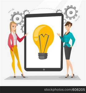 Business partners working on new business idea. Caucasian business women discussing business ideas. Businesswomen pointing at idea bulb on tablet screen. Vector flat design illustration. Square layout. Creative businesswomen discussing business ideas.