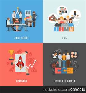 Business partnership and teamwork as formula for success 4 flat icons square composition abstract isolated vector illustration. Teamwork 4 flat icons square composition