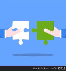 Business partnership and teamwork concept. Hand holding jigsaw. vector illustration