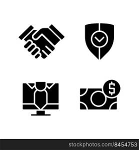 Business partnership black glyph icons set on white space. Commercial deal safety. Increasing company profit. Silhouette symbols. Solid pictogram pack. Vector isolated illustration. Business partnership black glyph icons set on white space
