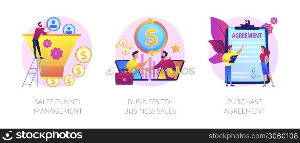 Business partnership cartoon icons set. Lead generation. Sales funnel management, business-to-business sales, purchase agreement metaphors. Vector isolated concept metaphor illustrations. Sales management vector concept metaphors