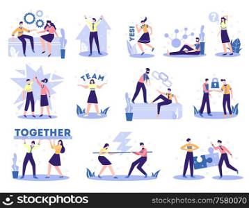 Business partnership concept 12 flat compositions set with collaboration team work support sealing profitable deals vector illustration