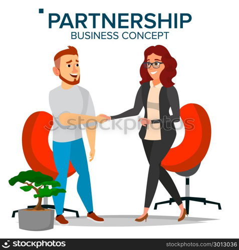 Business Partnership Concept Vector. Business Man And Business Woman. Greeting Shake. Company Cooperation Concept. Isolated Flat Cartoon Illustration. Business Partnership Concept Vector. Business Man And Business Woman. Greeting Shake. Company Cooperation Concept. Isolated Flat Illustration