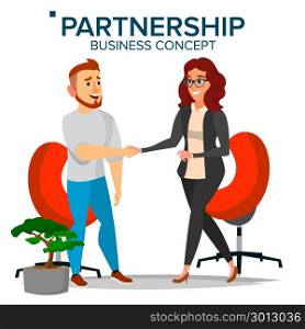Business Partnership Concept Vector. Business Man And Business Woman. Greeting Shake. Company Cooperation Concept. Isolated Flat Cartoon Illustration. Business Partnership Concept Vector. Business Man And Business Woman. Greeting Shake. Company Cooperation Concept. Isolated Flat Illustration