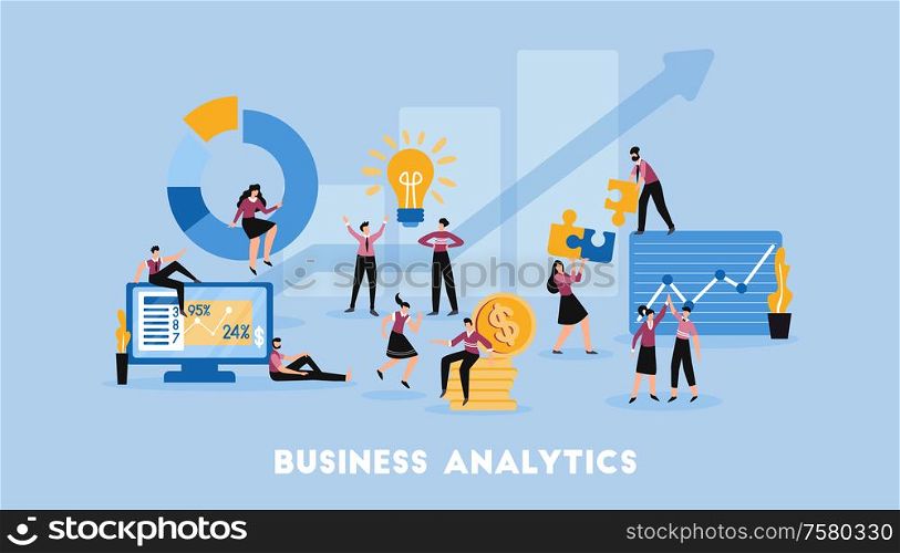 Business partnership cooperation analytics solutions profitable decision management growth chart flat symbols composition blue background vector illustration