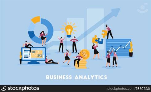 Business partnership cooperation analytics solutions profitable decision management growth chart flat symbols composition blue background vector illustration