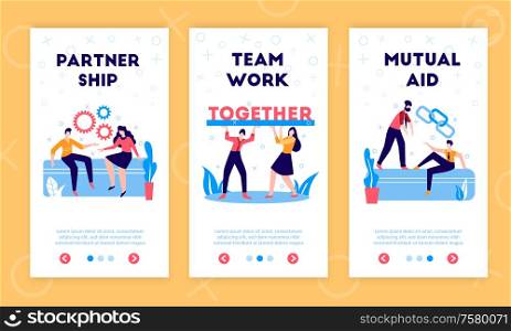 Business partnership cooperation support sharing funds responsibilities profits 3 vertical flat web banners with teamwork symbols vector illustration