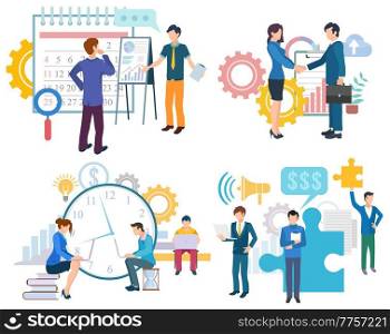 Business partnership, deadline teamwork, man and woman collaboration. Brainstorming innovation, growth graph, time management, researching vector. Time Management, Deadline Work, Worker Vector