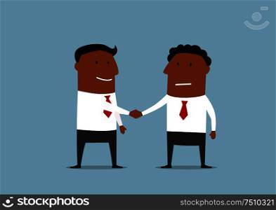 Business partnership handshake concept with two happy businessmen which shaking hands to confirm deal or contract signing. Two happy businessmen shaking hands