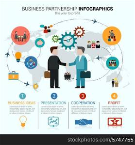 Business partnership infographics with idea presentation cooperation profit symbols and world map vector illustration