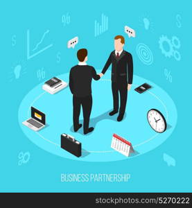 Business Partnership Isometric Background. Isometric people partnership conceptual background with composition of office equipment silhouette pictograms and human characters shaking hands vector illustration