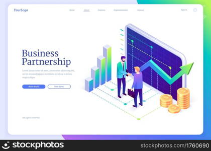 Business partnership landing page. Concept of teamwork, professional support and communication in business. Vector banner with isometric illustration of people handshake, money and graphs. Vector landing page of business partnership