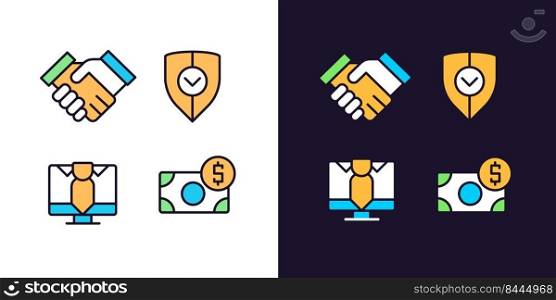 Business partnership pixel perfect light and dark theme color icons set. Safe commercial deal. Company profit. Simple filled line drawings. Bright cliparts on white and black. Editable stroke. Business partnership pixel perfect light and dark theme color icons set