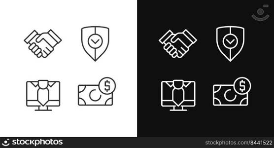 Business partnership pixel perfect linear icons set for dark, light mode. Safe commercial deal. Company profit. Thin line symbols for night, day theme. Isolated illustrations. Editable stroke. Business partnership pixel perfect linear icons set for dark, light mode
