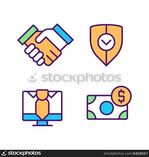 Business partnership pixel perfect RGB color icons set. Safe commercial deal. Company profit. Isolated vector illustrations. Simple filled line drawings collection. Editable stroke. Business partnership pixel perfect RGB color icons set