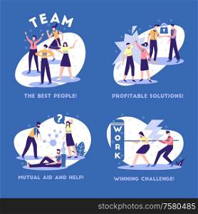 Business partnership principles advantages concept 4 flat composition with support cooperation profitable solutions blue background vector illustration