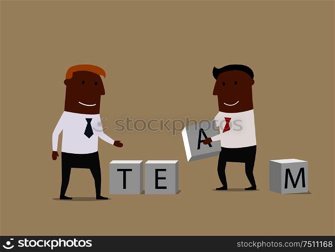 Business partnership, team building work or cooperation business concept. Creative businessmen with alphabet cubes are composing a word Team. Two businessmen composing word Team from cubes